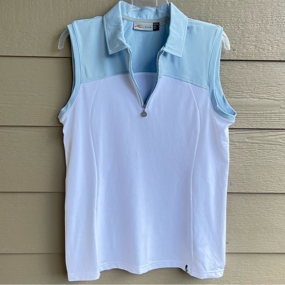 KJUS Women Top Blue White‎ 40 L Sport Fit UPF 50+ Polo Sleeveless 38” Bust Golf - Picture 5 of 11